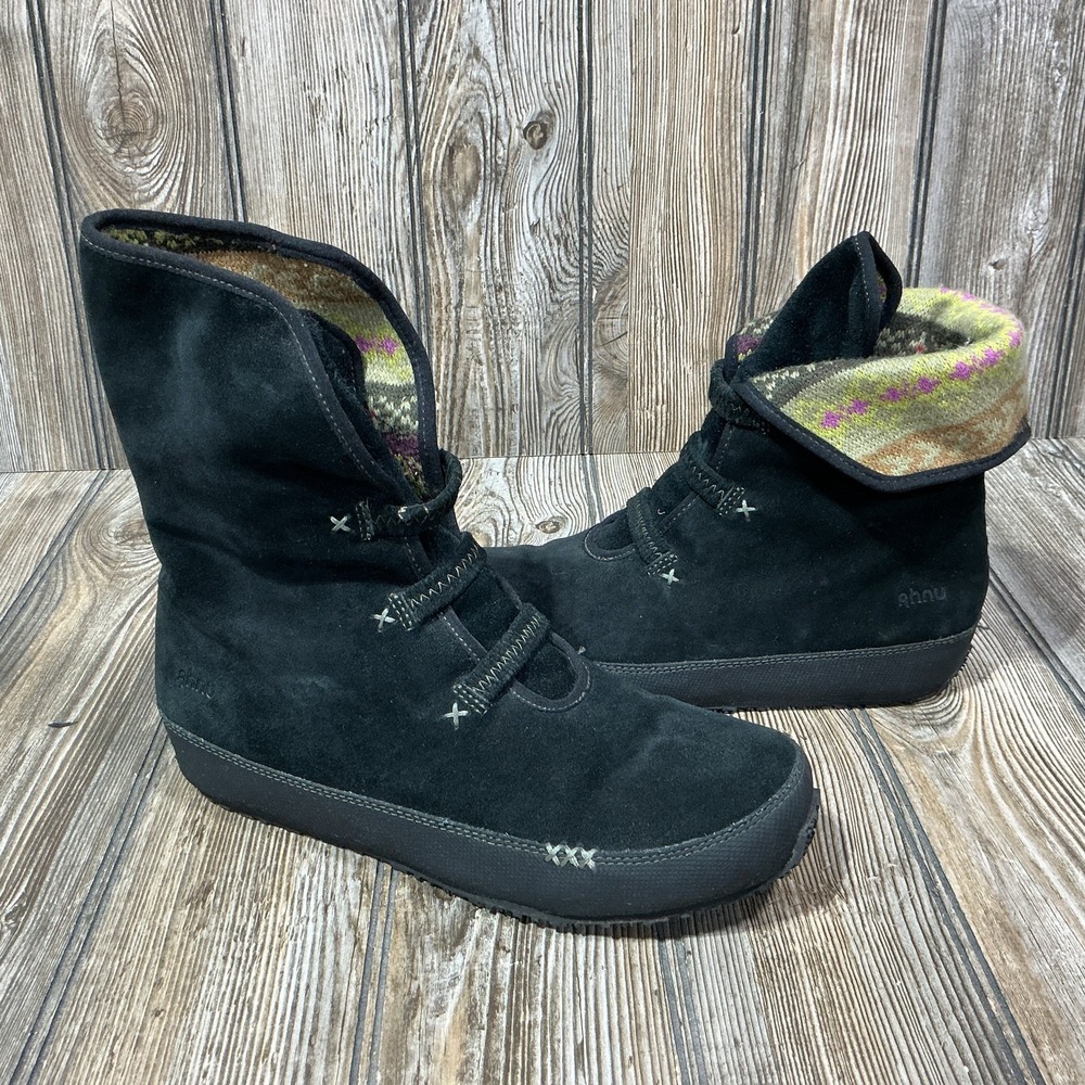 AHNU Boots 8.5 Suede Leather Black Fold Over Knit Ankle Shoes Faux Fur